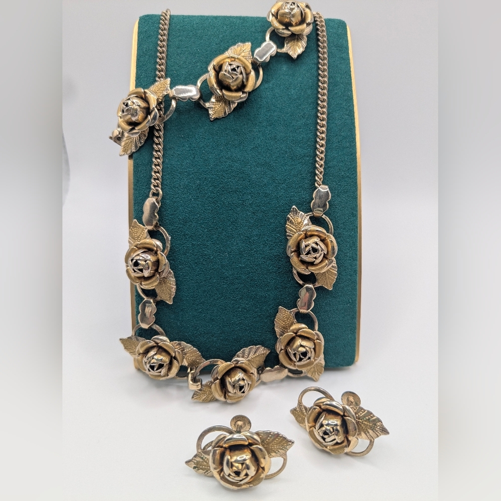Vintage Estate Gold Tone Roses Demi Parure Jewelry Set